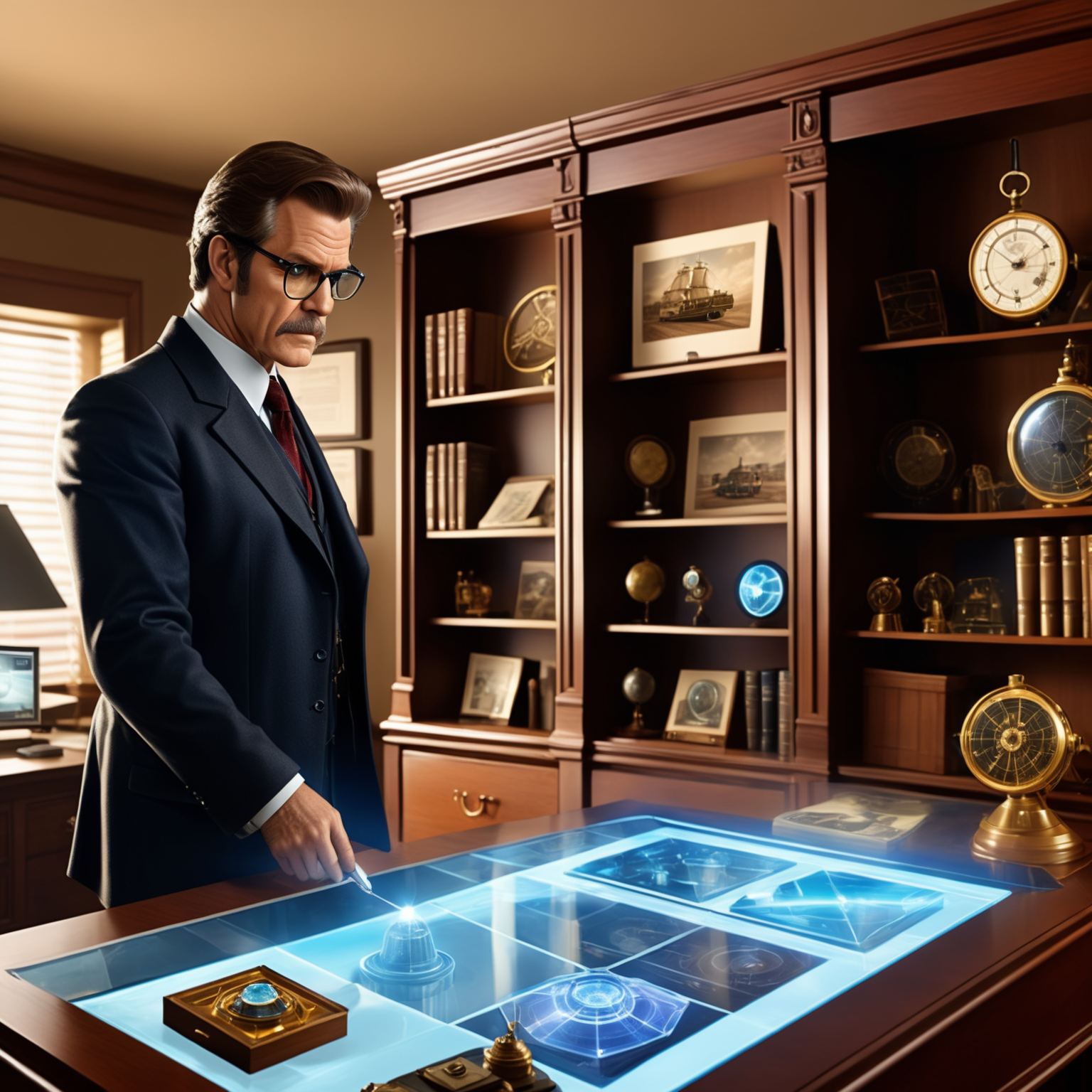 Temporal Detective examining a holographic timeline in his office filled with artifacts from different eras. The scene sho...